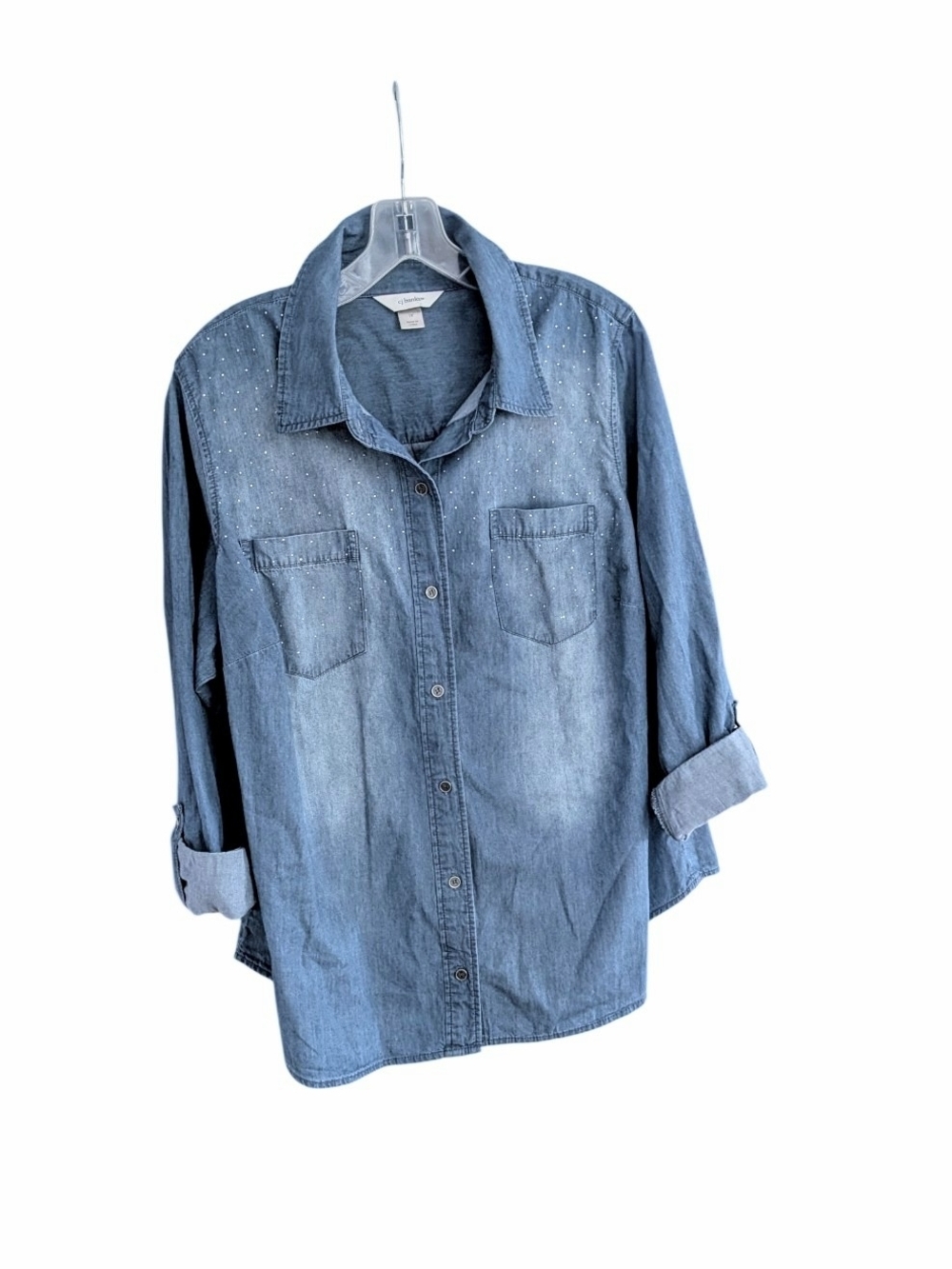 ​CJ Banks Denim Shirt 1X, Rhinestone Embellished Button Down, Shacket
